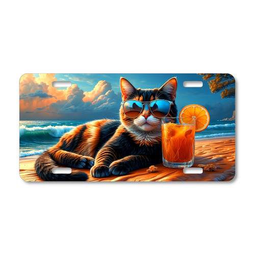 Cool beach cat license plate featuring a feline with sunglasses and cocktail lounging on the sand with waves and sunset sky in embossed-look artwork.