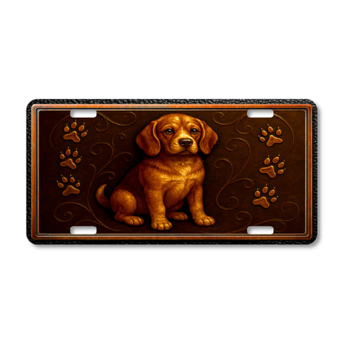 Beagle puppy license plate featuring embossed-look rustic artwork in warm bronze and gold tones with paw prints on a textured background.