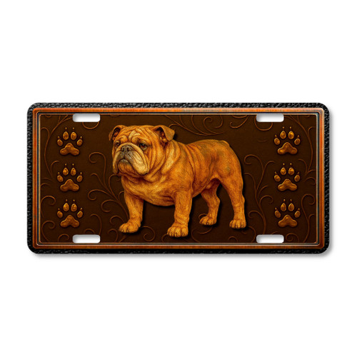 English Bulldog license plate featuring embossed-look rustic artwork in copper and bronze tones with paw prints on a textured background.