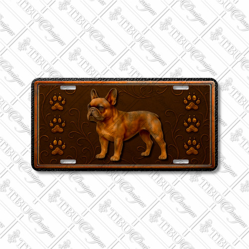 French Bulldog license plate featuring embossed-look rustic artwork in warm bronze and copper tones with paw prints on a textured background.