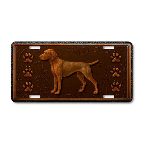 German Shorthaired Pointer license plate featuring embossed-look rustic artwork in bronze and copper tones with paw prints on a textured background.