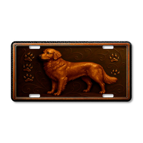 Golden Retriever license plate featuring embossed-look rustic artwork in bronze and copper tones with paw prints on a textured background.