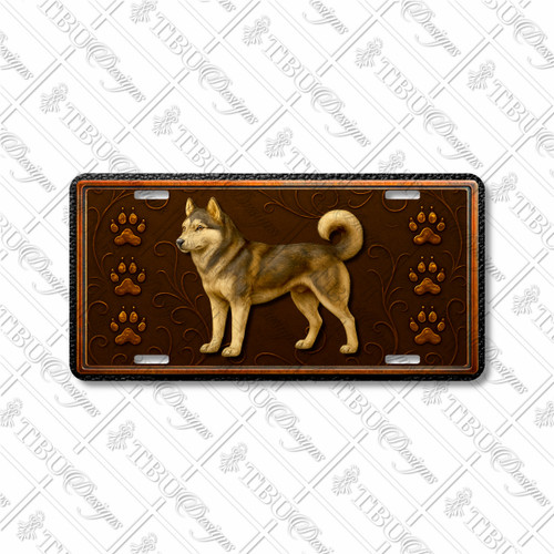 Siberian Husky dog license plate featuring a proud copper-toned Husky with curled tail, ornate embossed-look swirls, and paw prints on a rustic aluminum background.