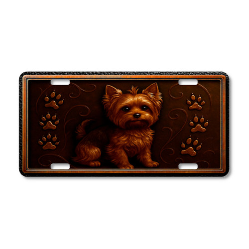 Yorkshire Terrier dog license plate featuring a copper-toned Yorkie with silky fur, ornate embossed-look swirls, and paw prints on a rustic aluminum background.
