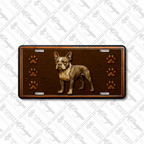 Boston Terrier dog license plate featuring a bronze-toned terrier with upright ears and muscular build, ornate embossed-look swirls, and paw prints on a rustic aluminum background.
