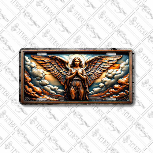 Guardian Angel license plate featuring bronze and copper tones with majestic wings, halo, and glowing sky in rustic embossed-look artwork on aluminum.