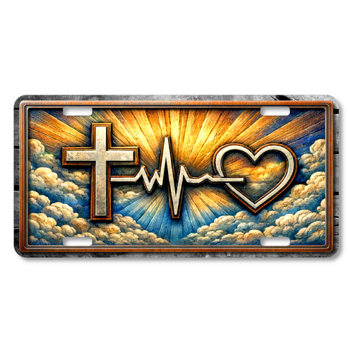 Faith Heartbeat Cross license plate featuring bronze cross, heartbeat line, and heart symbol against radiant golden clouds in rustic embossed-look artwork on aluminum
