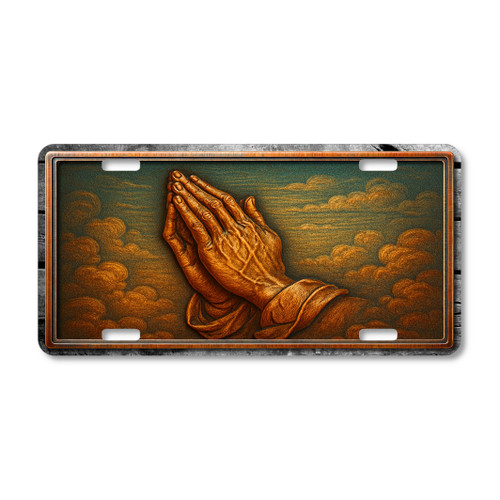 Praying Hands license plate featuring bronze folded hands in prayer over golden clouds in rustic embossed-look artwork on aluminum.