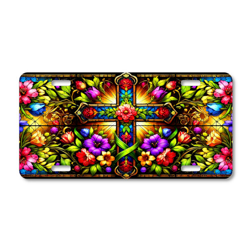 Stained Glass Floral Cross license plate featuring vibrant colorful florals and radiant cross with glowing golden light in embossed-look artwork on aluminum