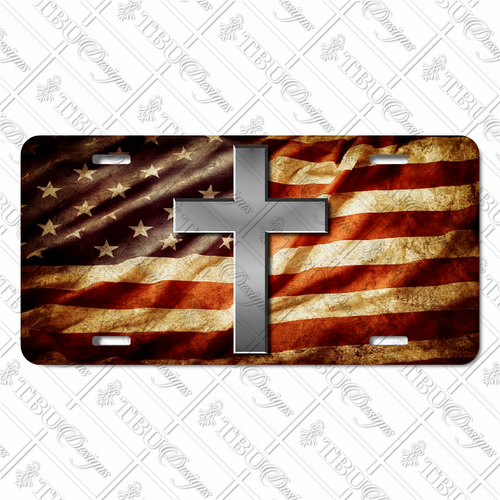 American Flag Cross license plate featuring bold metallic cross centered on weathered U.S. flag background in rustic embossed-look artwork on aluminum
