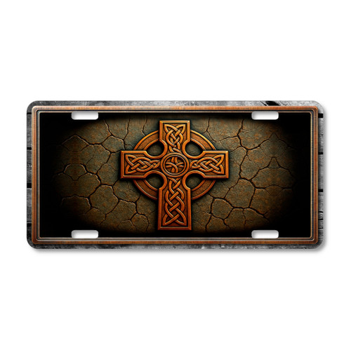 Celtic Cross license plate featuring bronze knotwork cross on cracked stone-textured background in rustic embossed-look artwork on aluminum.