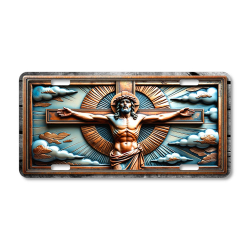 Christ on the Cross license plate featuring bronze Jesus with crown of thorns, radiant beams of light, and clouds in rustic embossed-look artwork on aluminum.
