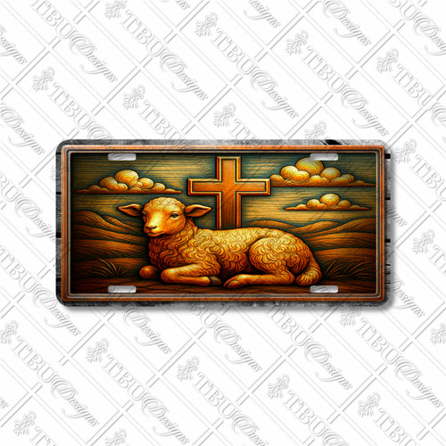 Lamb and Cross license plate featuring radiant golden lamb resting before rustic cross with glowing clouds and rolling hills in embossed-look artwork on aluminum.