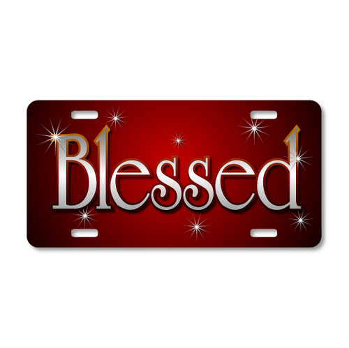 Blessed Text license plate featuring bold silver lettering with glowing highlights on radiant red background in embossed-look artwork on aluminum.