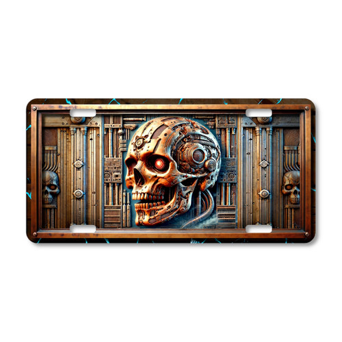 Cyborg skull license plate featuring glowing red eyes, gears, and metallic plating in rustic embossed-look artwork on aluminum.