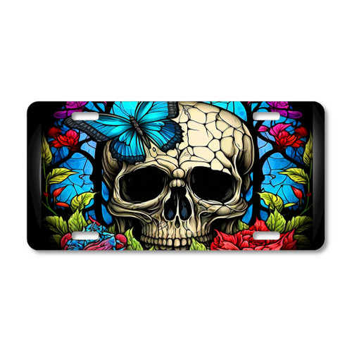 Butterfly & Skull license plate featuring stained-glass floral background, vivid blue butterfly, and rustic embossed-look artwork on aluminum.