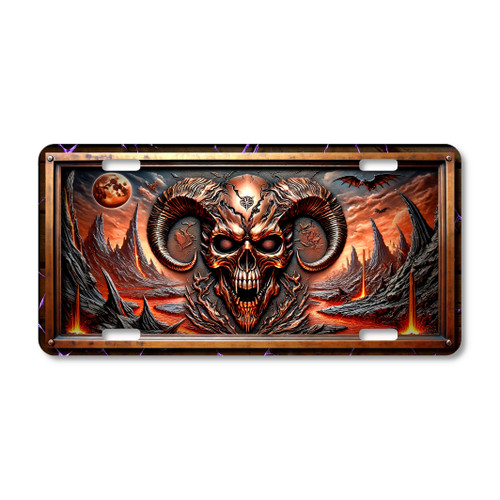 Demon Skull license plate featuring ram horns, glowing eyes, and volcanic wasteland in rustic embossed-look artwork on aluminum.
