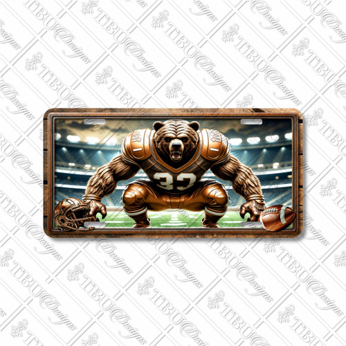 Bear football mascot license plate featuring ferocious bear in linebacker stance, stadium lights, and rustic embossed-look artwork on aluminum.