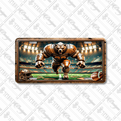 Charging Bear football mascot license plate featuring bear in full stride under stadium lights with rustic embossed-look artwork on aluminum.