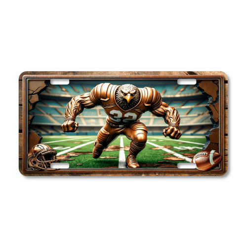 Eagle football mascot license plate featuring copper-toned eagle charging across the field in rustic embossed-look artwork with cracked frame design