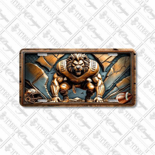 Lion football mascot license plate featuring roaring copper-toned lion in rustic embossed-look artwork with cracked stone backdrop.