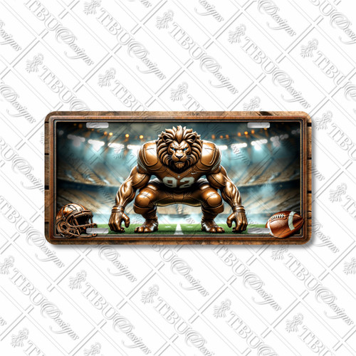 Lion football mascot license plate featuring copper-toned lion crouched in linebacker stance with glowing stadium lights in rustic embossed-look artwork