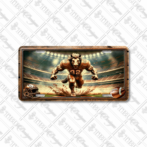 Mustang football mascot license plate featuring copper-toned mustang charging forward with dirt flying in rustic embossed-look artwork under stadium lights.