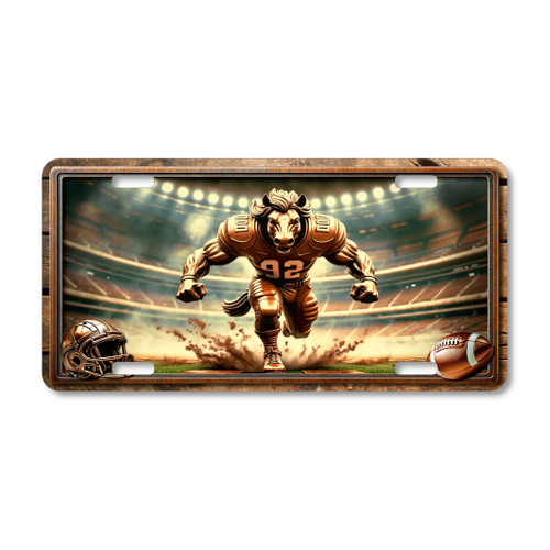 Mustang football mascot license plate featuring copper-toned mustang charging forward with dirt flying in rustic embossed-look artwork under stadium lights.