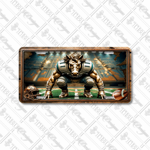 Mustang football mascot license plate featuring copper-toned mustang crouched in linebacker stance with cracked stadium wall in rustic embossed-look artwork.