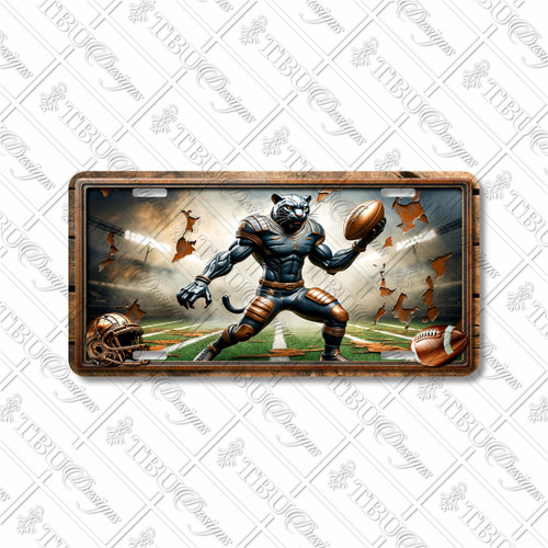 Panther football mascot license plate featuring muscular copper-and-steel-toned panther gripping a football with cracked stadium wall backdrop in rustic embossed-look artwork.