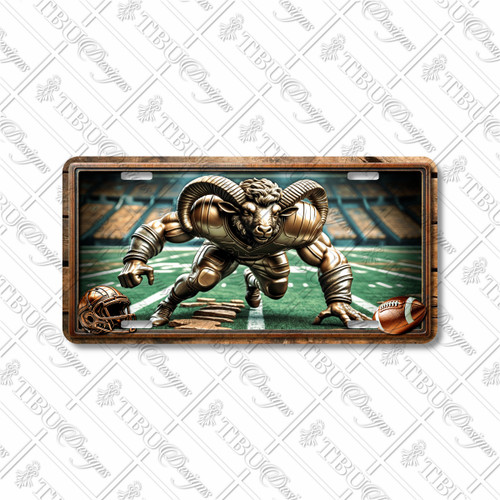 Ram football mascot license plate featuring copper-toned ram in charging stance with horns curled and stadium backdrop in rustic embossed-look artwork.