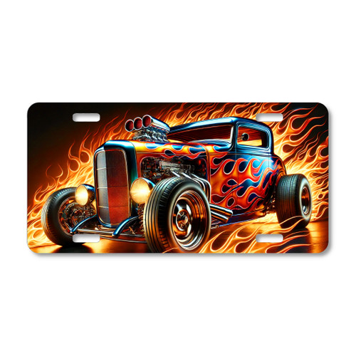 Hot rod license plate featuring a classic cruiser car with chrome detailing, surrounded by bold flames in red, orange, and yellow, rustic embossed-look artwork on aluminum.