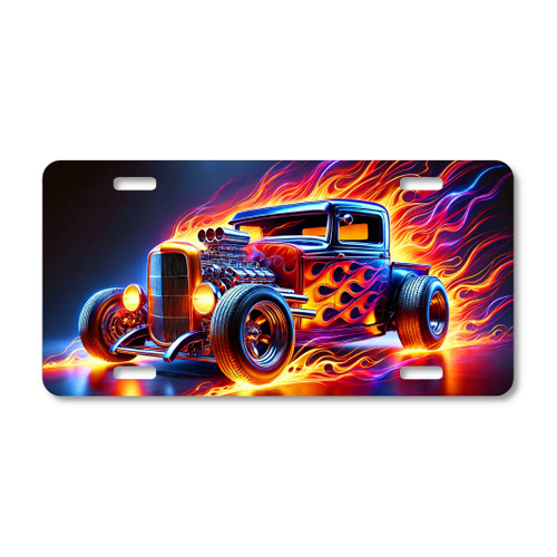 Hot rod license plate featuring a classic retro muscle car with chrome engine and vivid flame graphics surrounding the body, rustic embossed-look artwork on aluminum.