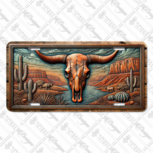 Western longhorn skull license plate with desert scene printed on flat sublimated aluminum