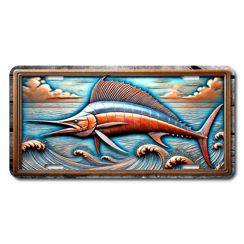 Marlin license plate featuring embossed-look copper and blue marlin leaping among curling waves under dramatic sky. Marlin license plate featuring embossed-look copper and blue marlin leaping among curling waves under dramatic sky.