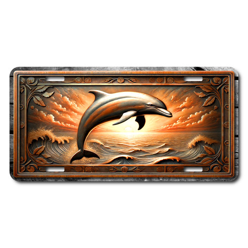 Dolphin license plate featuring embossed-look bronze dolphin leaping across sunset ocean waves. Dolphin license plate featuring embossed-look bronze dolphin leaping across sunset ocean waves.
