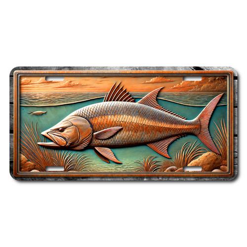 Tarpon license plate featuring embossed-look bronze tarpon swimming in teal coastal waters under sunset sky. Tarpon license plate featuring embossed-look bronze tarpon swimming in teal coastal waters under sunset sky.