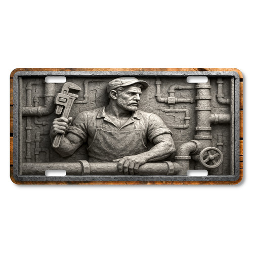 Stone relief-style plumber holding a wrench among pipes and valves, flat printed on an aluminum license plate.