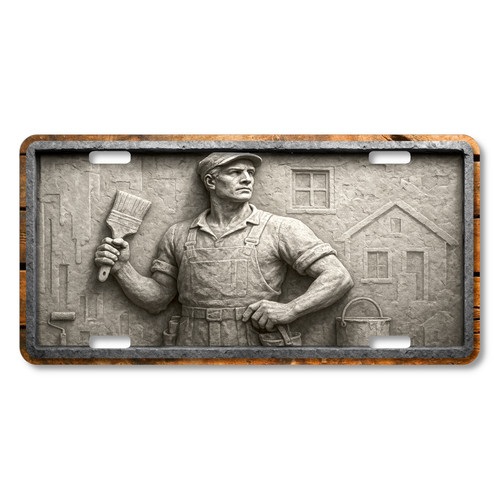 Stone relief-style house painter holding a brush with home and paint tools carved in the background, flat printed on an aluminum license plate.