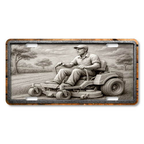 Stone relief-style landscaper riding a zero-turn mower cutting grass in a scenic field, flat printed on an aluminum license plate.