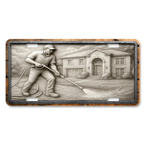 Stone relief-style pressure washer cleaning a driveway in front of a large home, flat printed on an aluminum license plate.