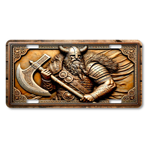 Viking warrior license plate featuring Norse axe warrior flat printed design