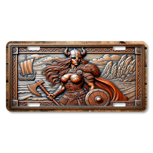 Viking warrior queen license plate featuring a female Norse warrior with axe and shield by the sea, printed on aluminum.