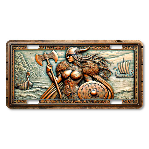 Viking shieldmaiden license plate featuring a female Norse warrior with axe and shield by the sea, printed on aluminum.