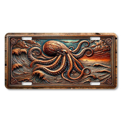 Kraken Sea monster license plate featuring a mythical octopus rising from stormy ocean waves, printed on aluminum.