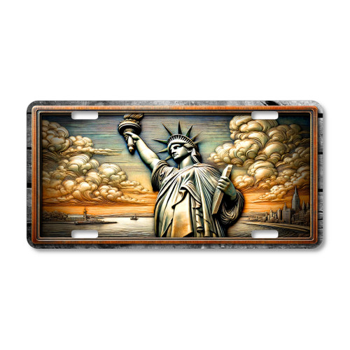 Statue of Liberty license plate featuring the iconic monument against a dramatic sky and harbor scene on aluminum.