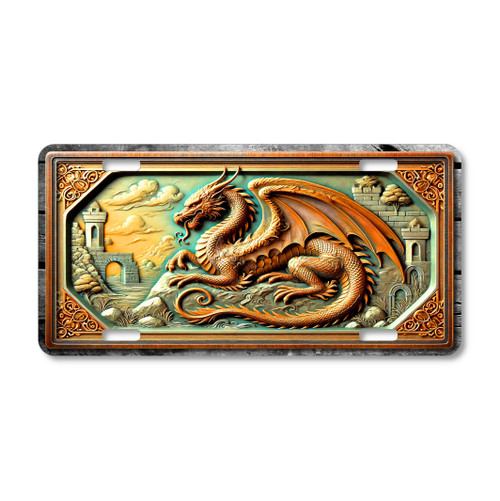 Fantasy dragon license plate featuring a mythical dragon posed among medieval castle ruins and stone architecture.