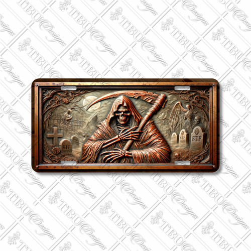 Grim Reaper license plate featuring graveyard scene and scythe design in embossed-style copper tones.