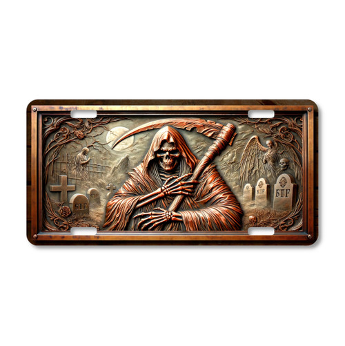 Grim Reaper license plate featuring graveyard scene and scythe design in embossed-style copper tones.