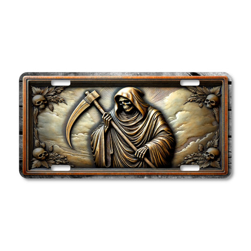Grim Reaper license plate featuring stone relief-style gothic artwork with skull accents printed on aluminum